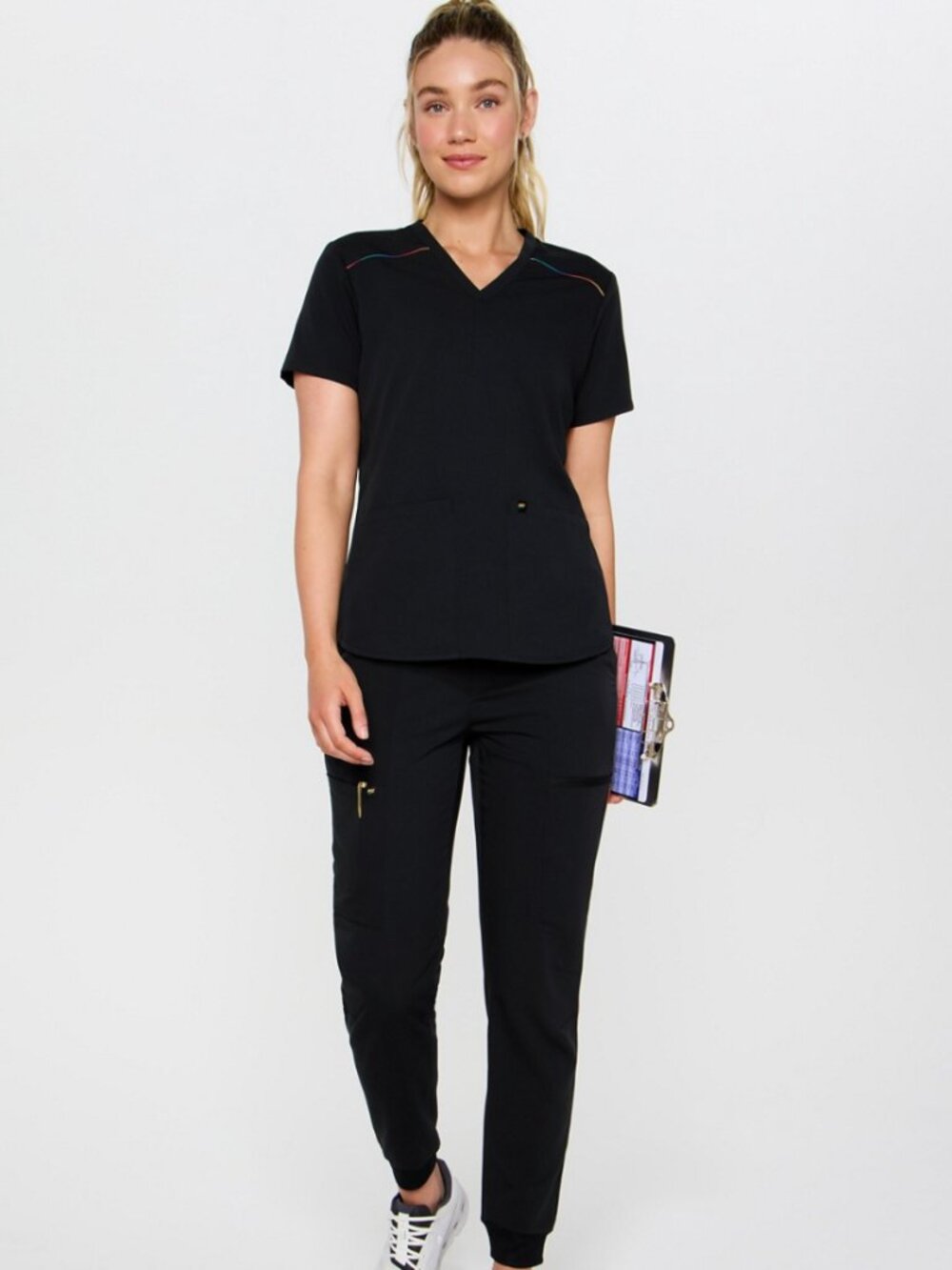 Fabletics The Pride Collection Matching Black/Rainbow Scrub Jogger Set